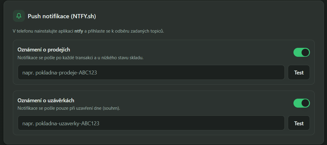 Nastavení push notifikací přes NTFY ve WellSale — oznámení o prodejích a o uzávěrkách.